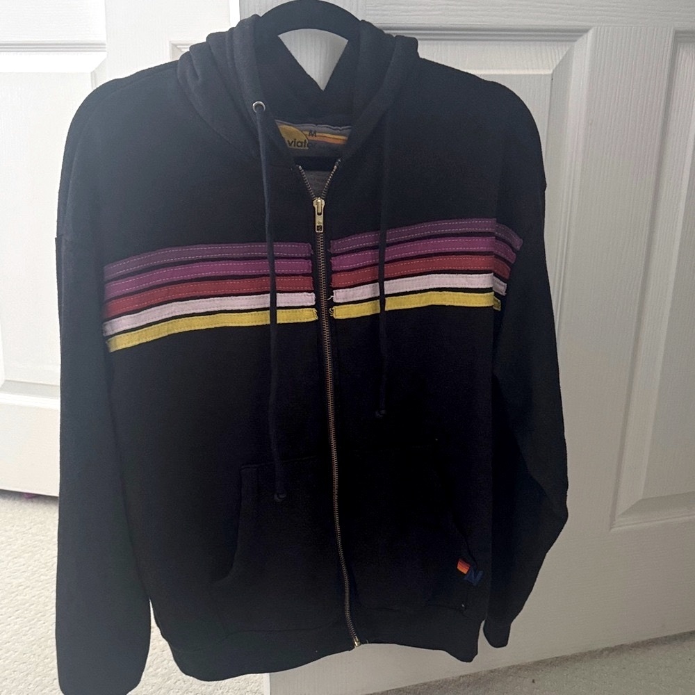 Aviator Nation 5-Stripe Black Zip-Up Hoodie Sweater Size Medium